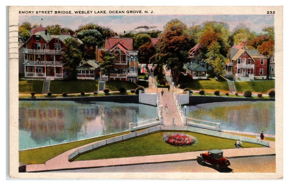 1935 Emory Street Bridge Wesley Lake Ocean Grove NJ Vintage Postcard Old Car